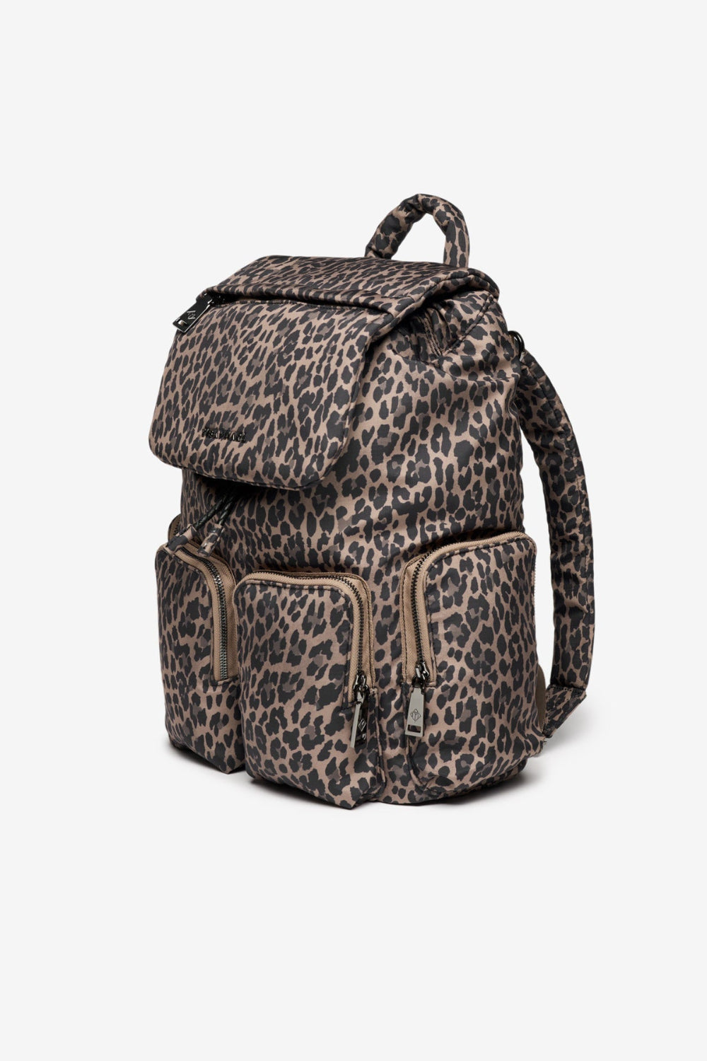 Leopard print backpack on a white background