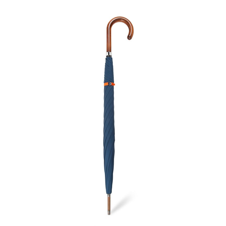 Blue umbrella with a wooden handle on a white background