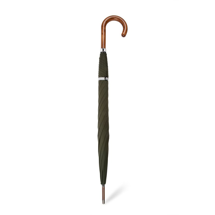 Green umbrella with a wooden handle on a white background