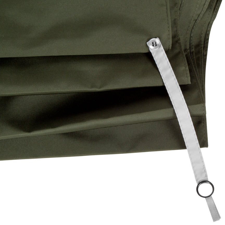 Close-up of a green fabric umbrella with a white metal strap and ring on a white background