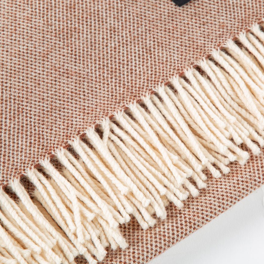 Close-up of a checkered blanket with fringed edges on a white background