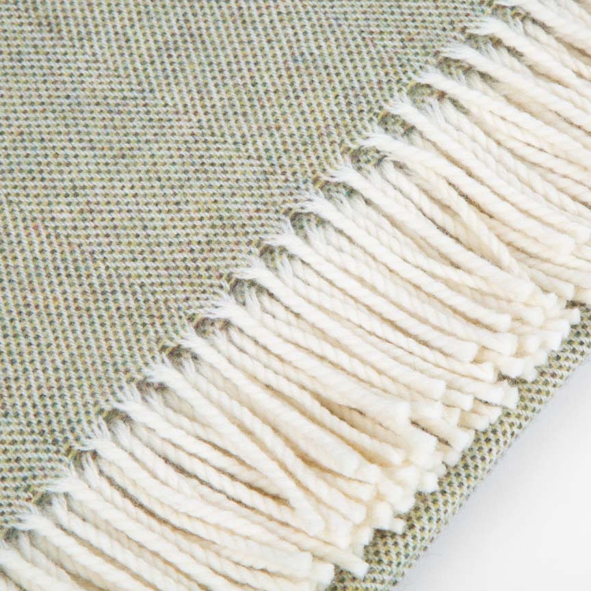 Green blanket with white fringe on a neutral background
