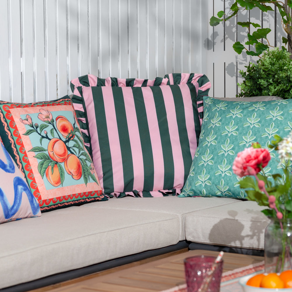 Palm Royale Stripe Ruffle Printed Outdoor Cushion Pink/Green