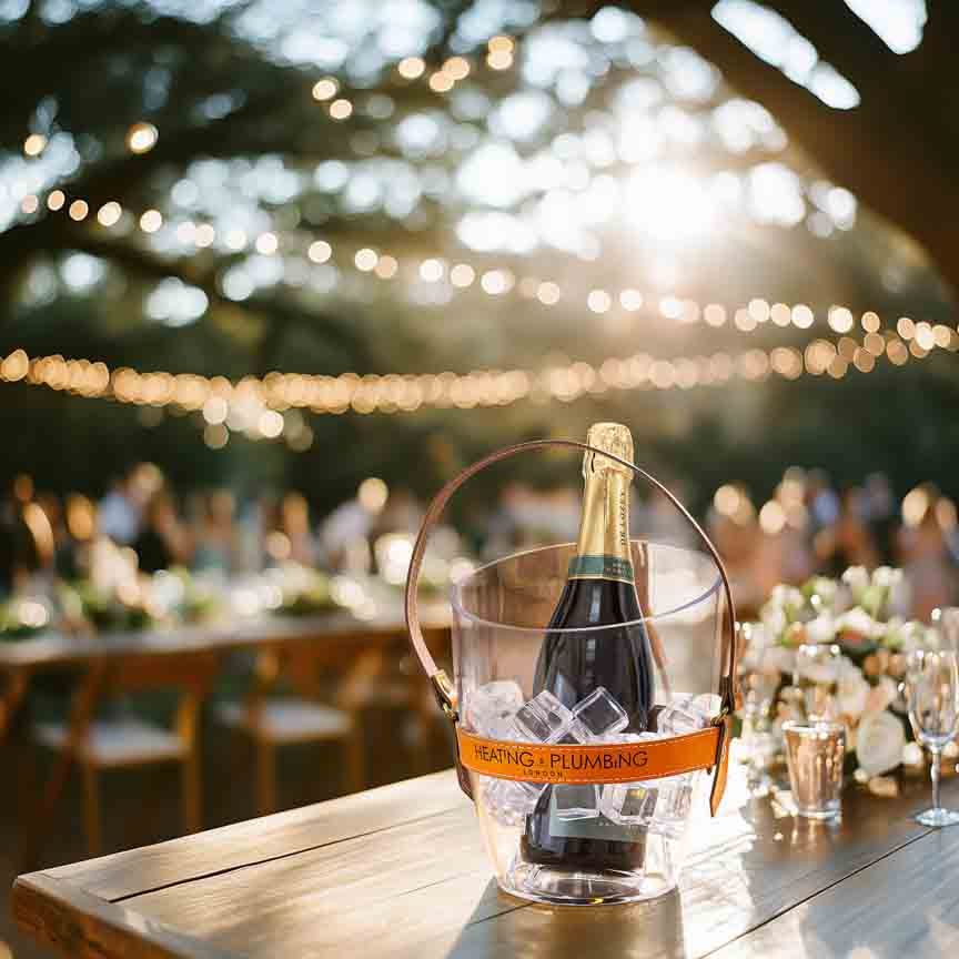Bottle of champagne in an ice bucket on a wooden table outdoors with string lights and people in the background.