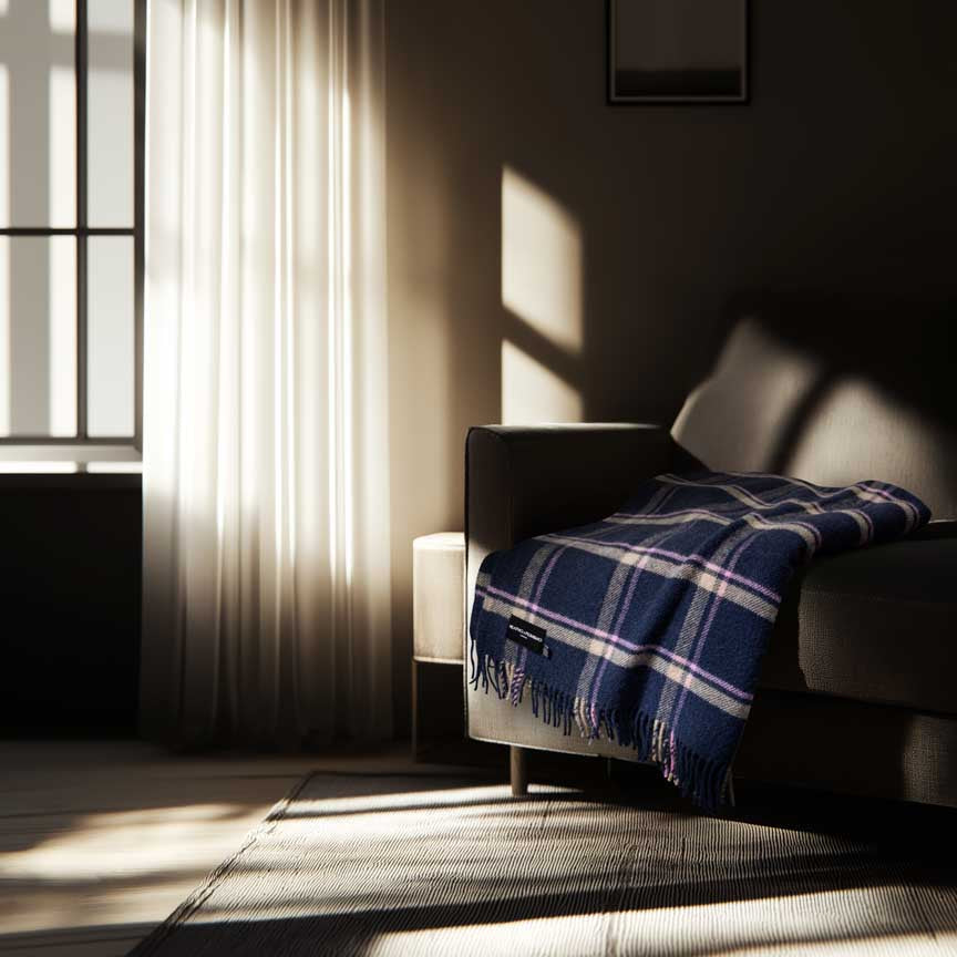 Couch with a blue plaid blanket draped over it in a room with sunlight filtering through curtains.