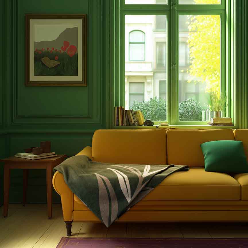 Yellow sofa in a room with green walls, a window, and a painting.