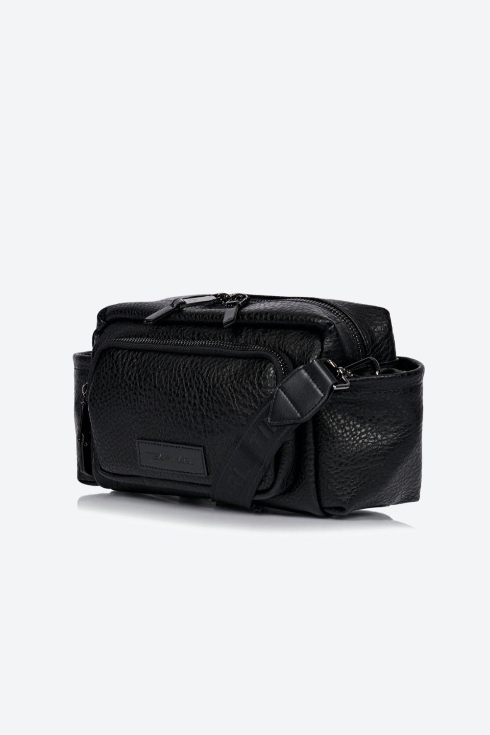 Black leather bag on a white background