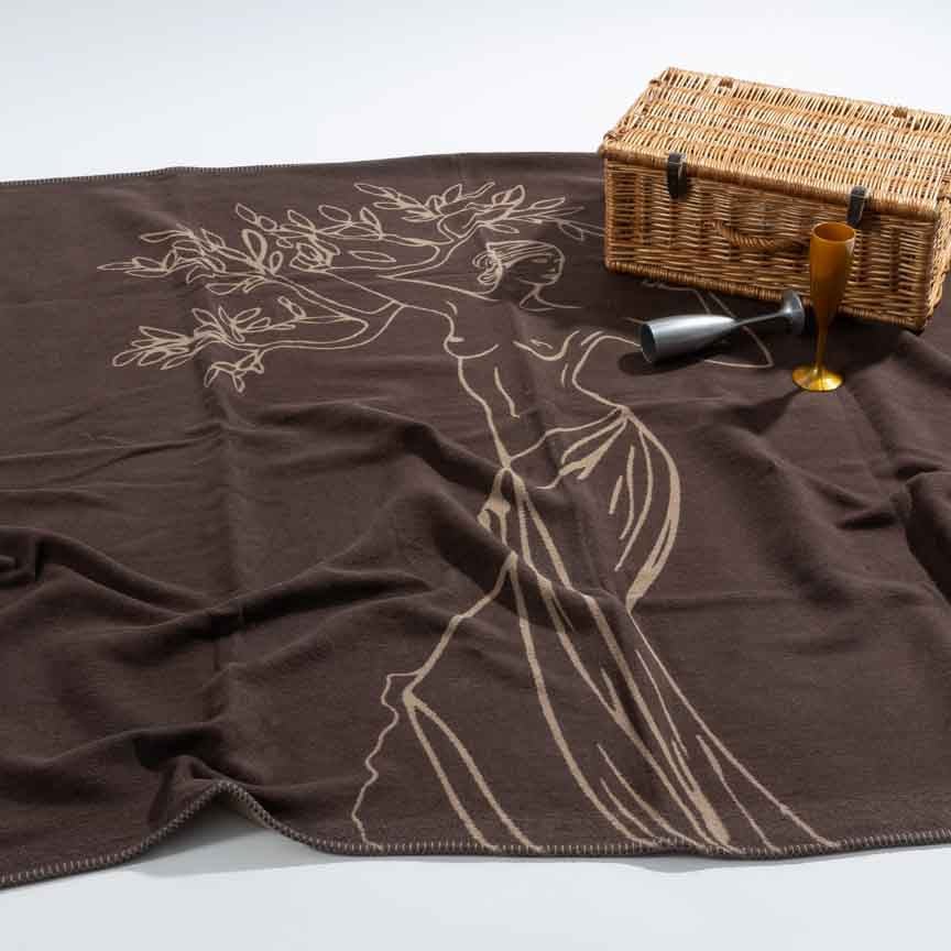 Brown blanket with white floral design on a white background