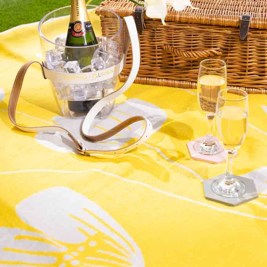 Bottle of champagne in an ice bucket with two glasses on a yellow blanket outdoors.