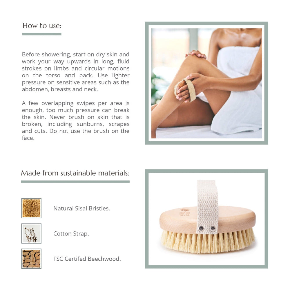 Body brush with usage instructions and material details on a white background