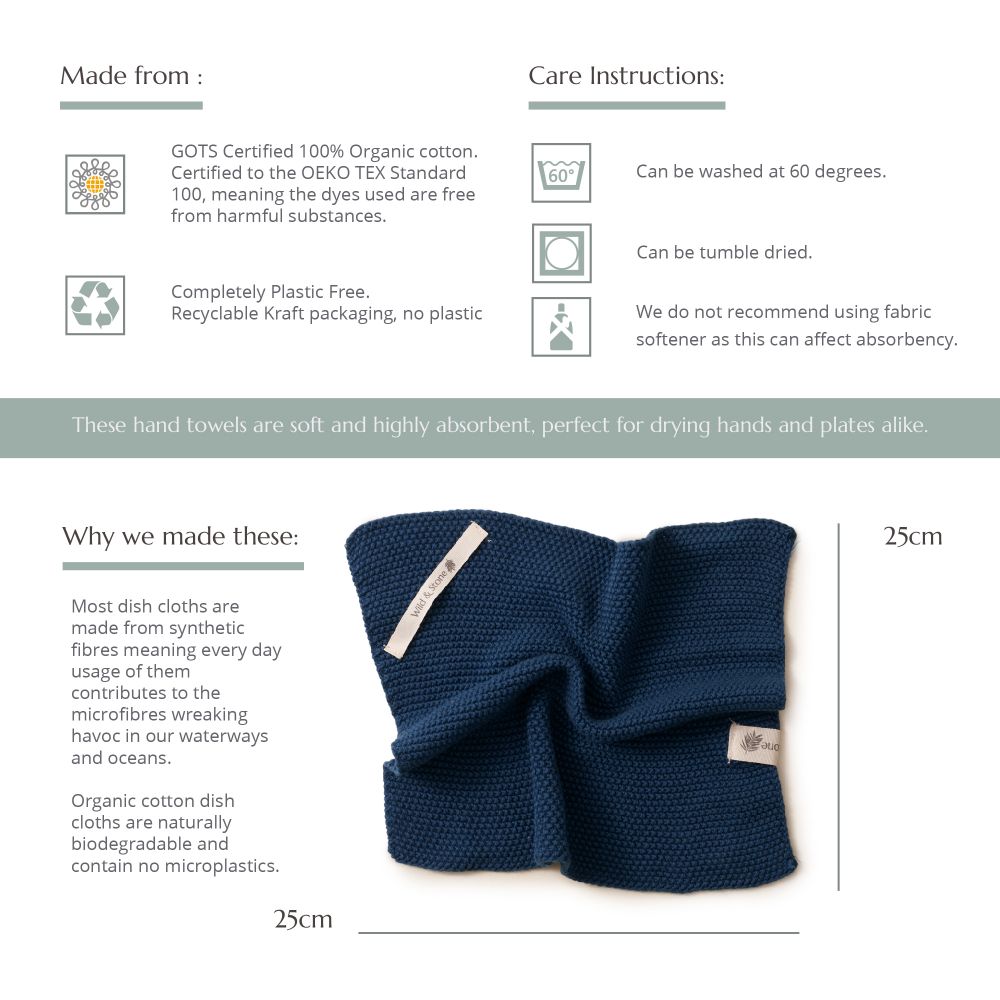 Blue organic cotton dish towel with care instructions and product details on a white background