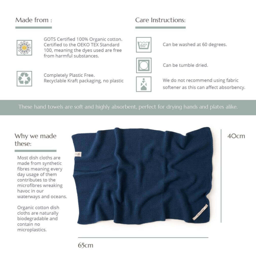 Navy blue organic hand towel with care instructions and product details on a white background