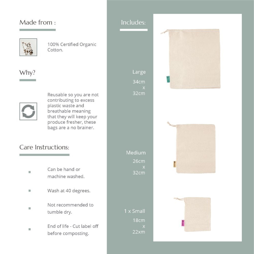 Product information card for organic cotton bags with dimensions and care instructions.