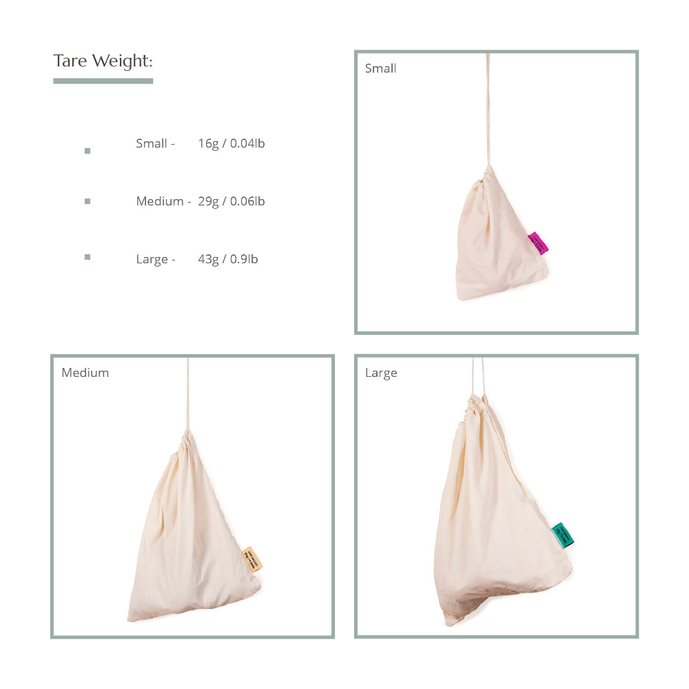 Beige reusable organic produce bags of different sizes with tare weight labels on a white background