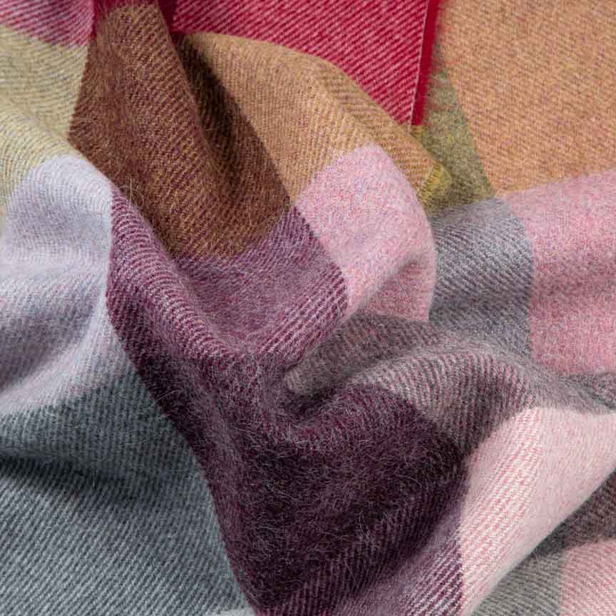 Close-up of a multicoloured blanket with a checkered pattern