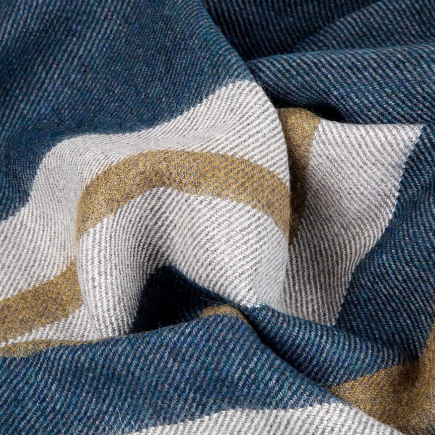 Close-up of alpaca blanket with blue, white, and brown pattern