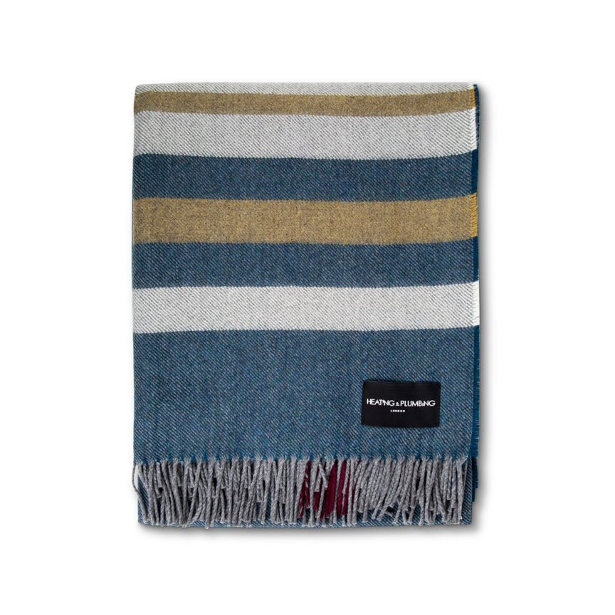 Striped blanket with blue, beige, and gray colours on a white background