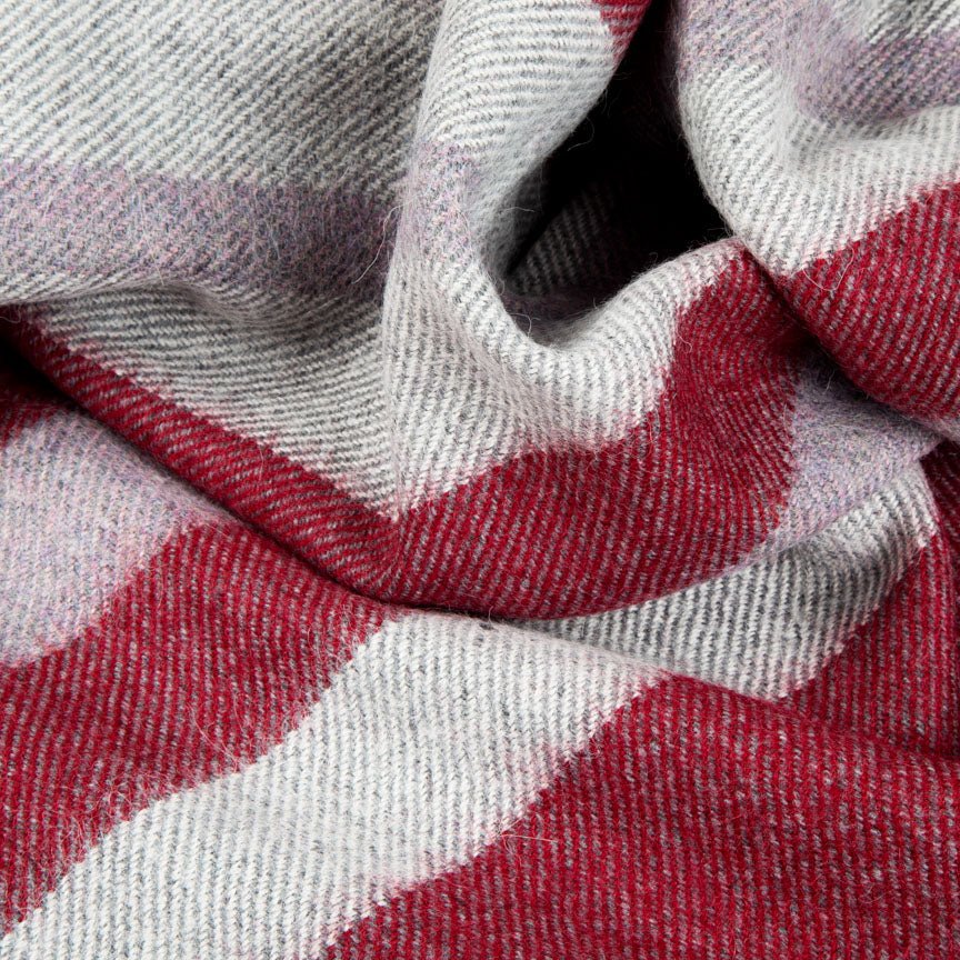 Close-up of a red and grey striped alpaca and lambswool blanket texture