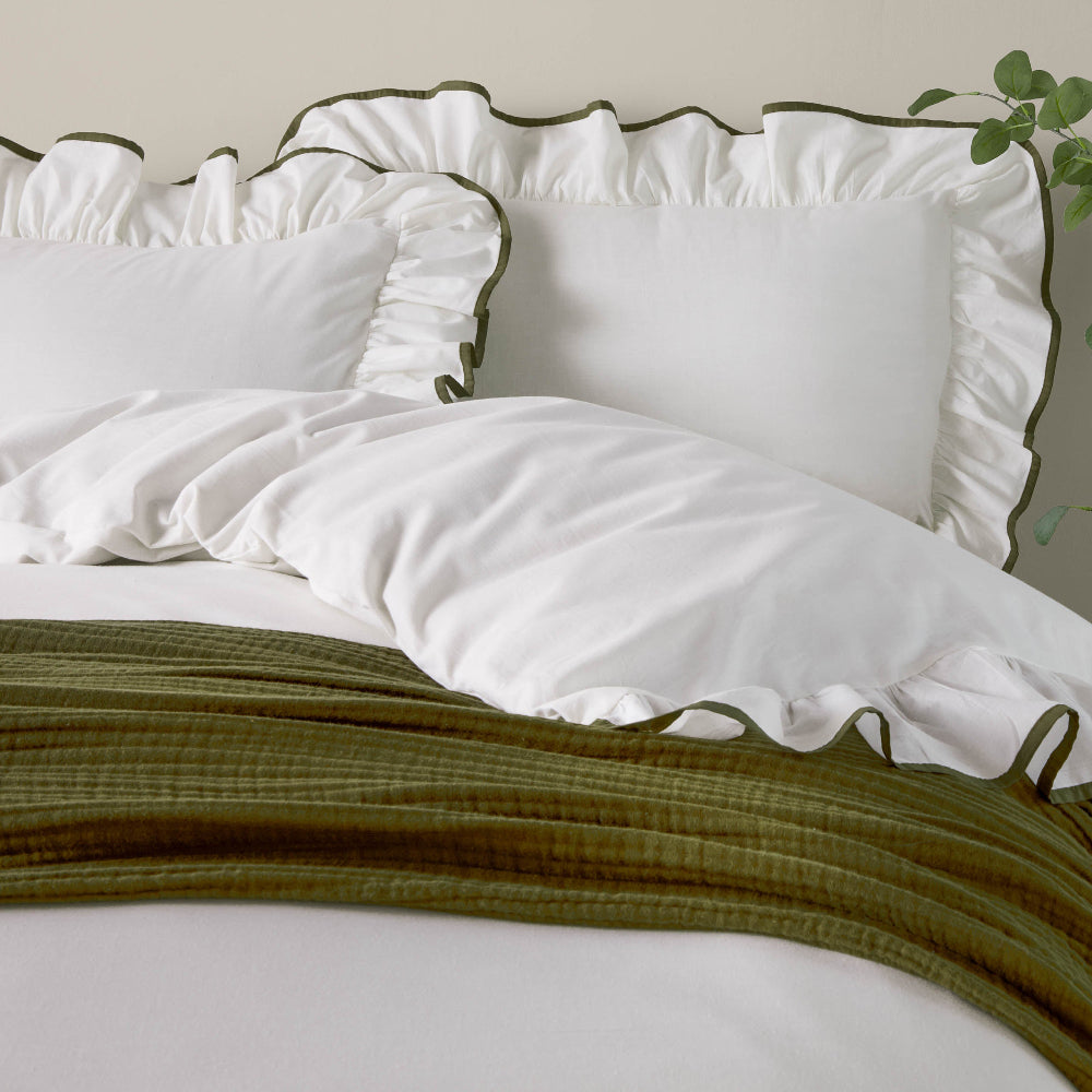 Blousey Cotton Ruffle Duvet Cover Set Olive- Single