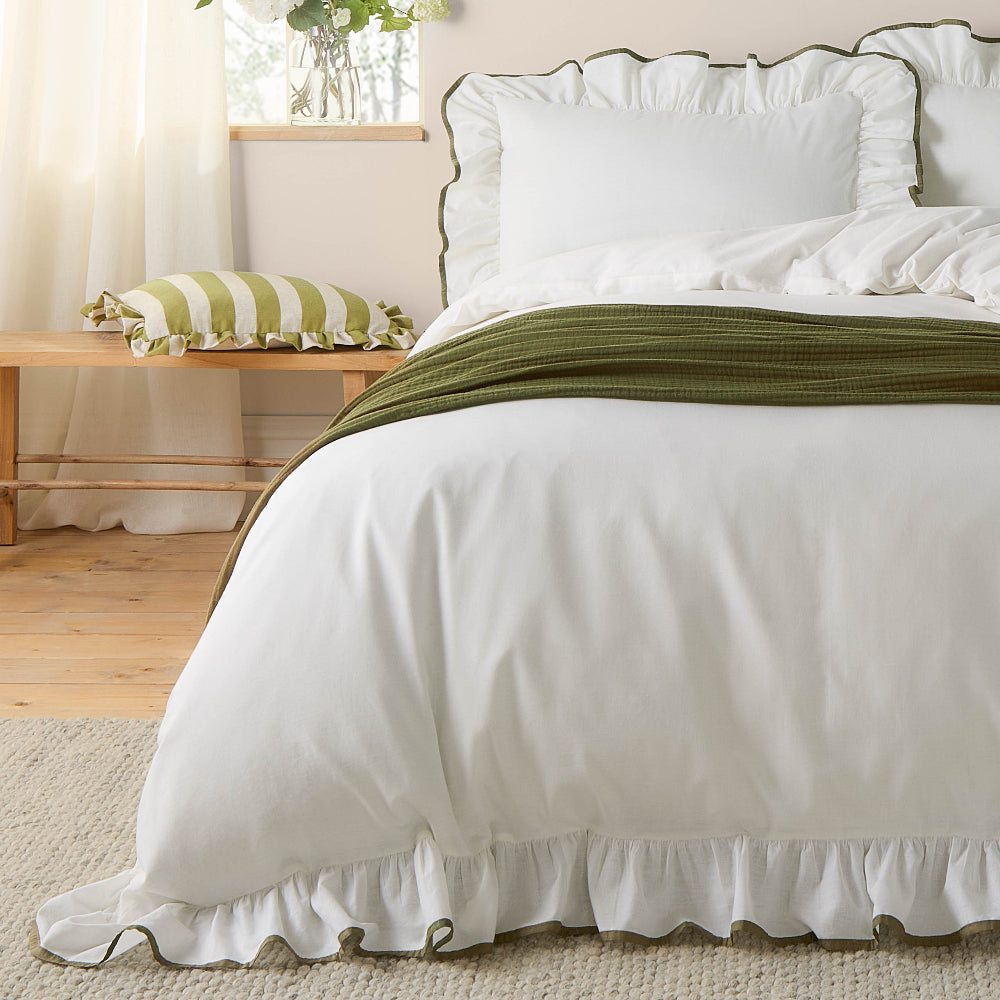 Blousey Cotton Ruffle Duvet Cover Set Olive- Single