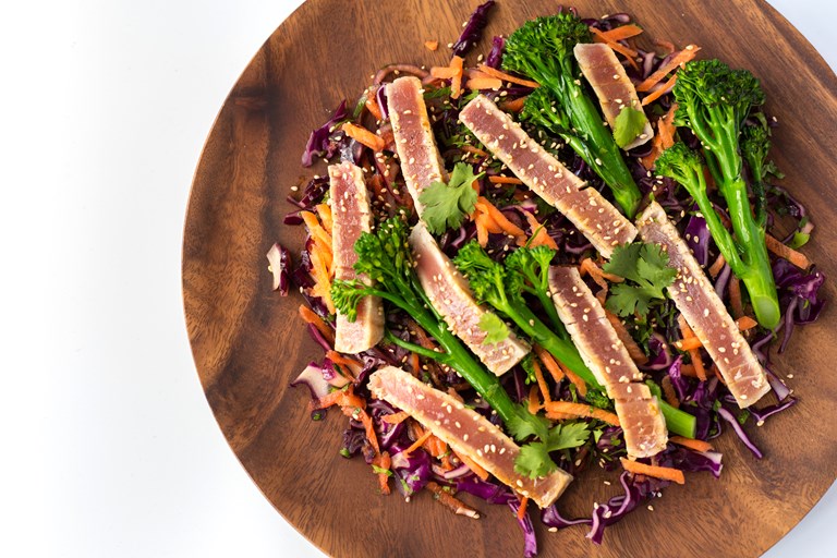 Grilled Tuna Steaks with Red Cabbage Slaw & Honey Lime Soya Dressing