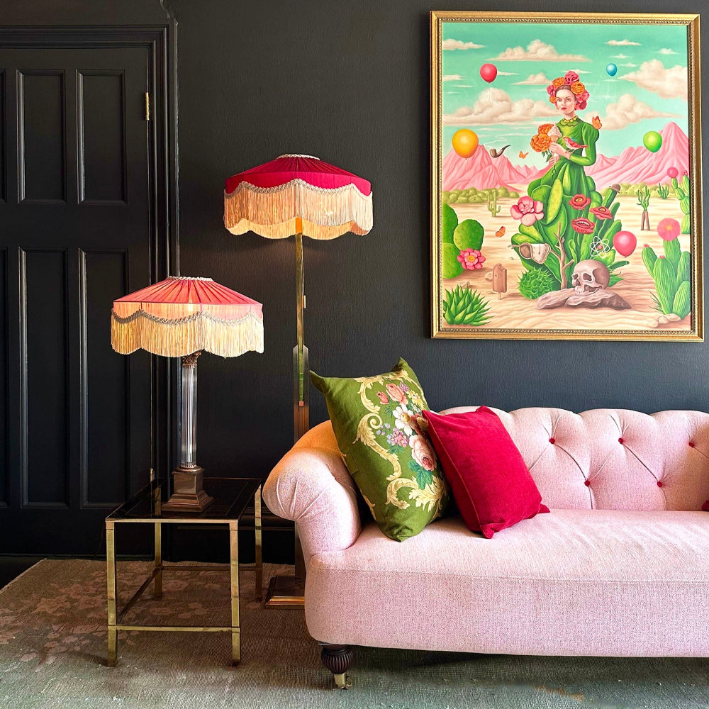 Tinker & Tallulah Pink Lampshades with light pink fringe detail in a living room setting 