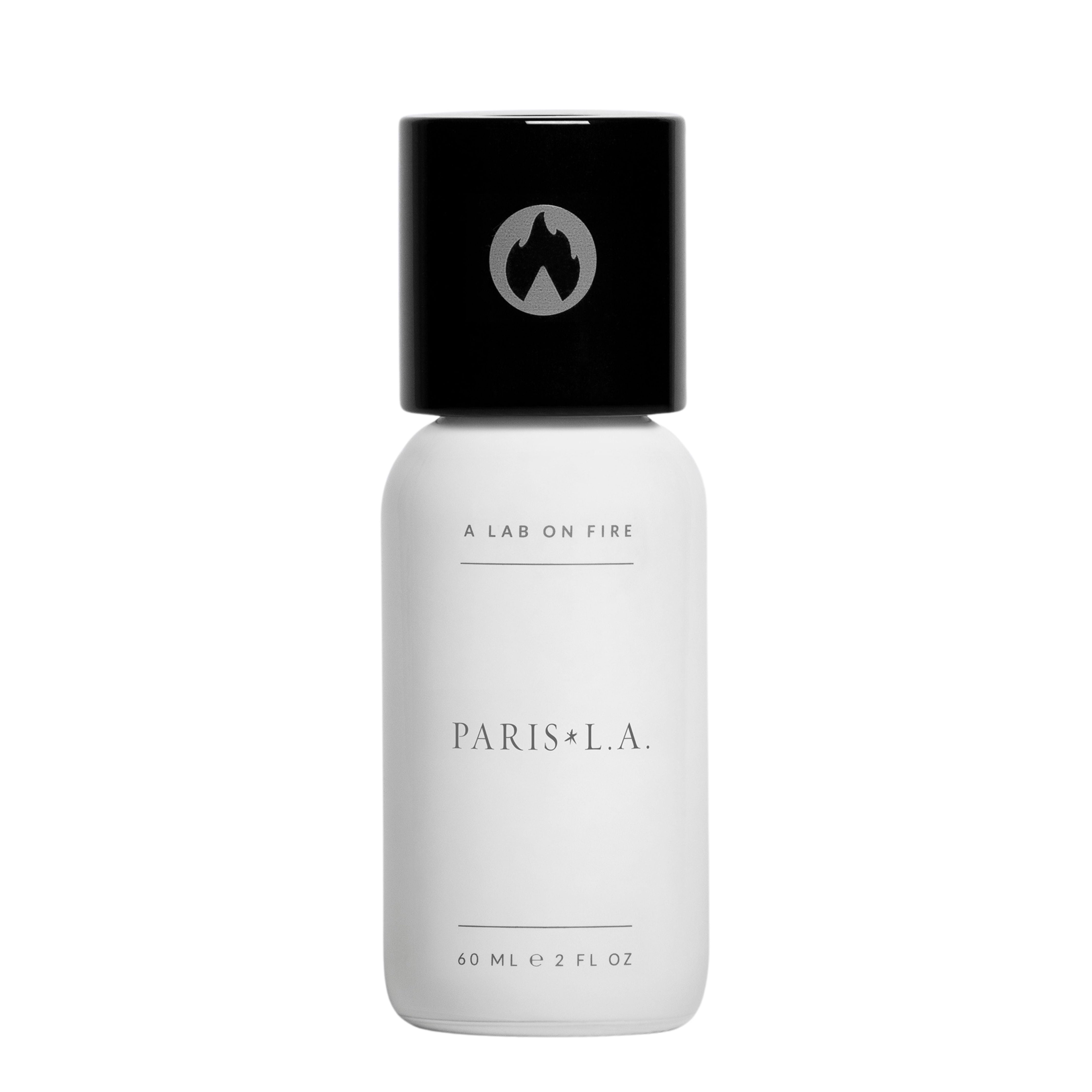 White bottle with black cap labeled 'PARIS L.A.' on a white background