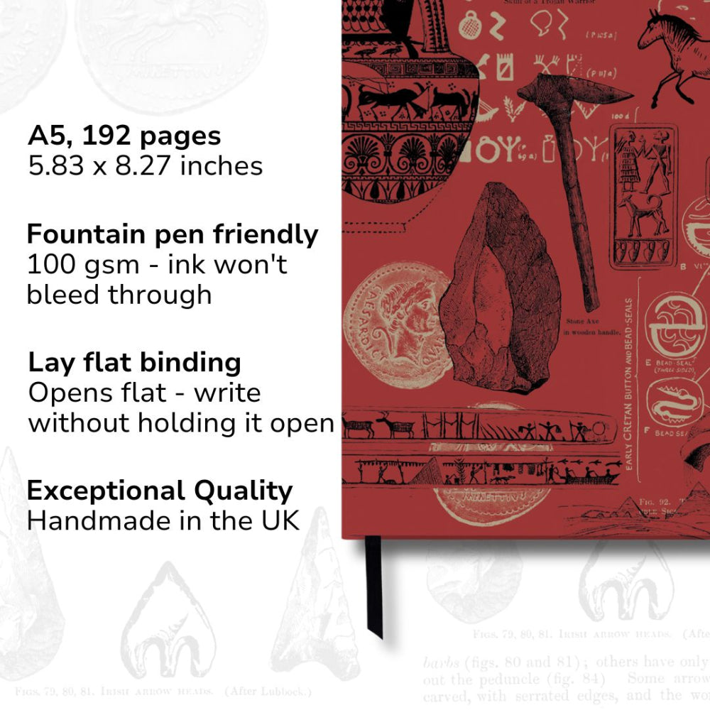 Red Archaeology notebook with ancient Egyptian design and text on a white background showcasing features