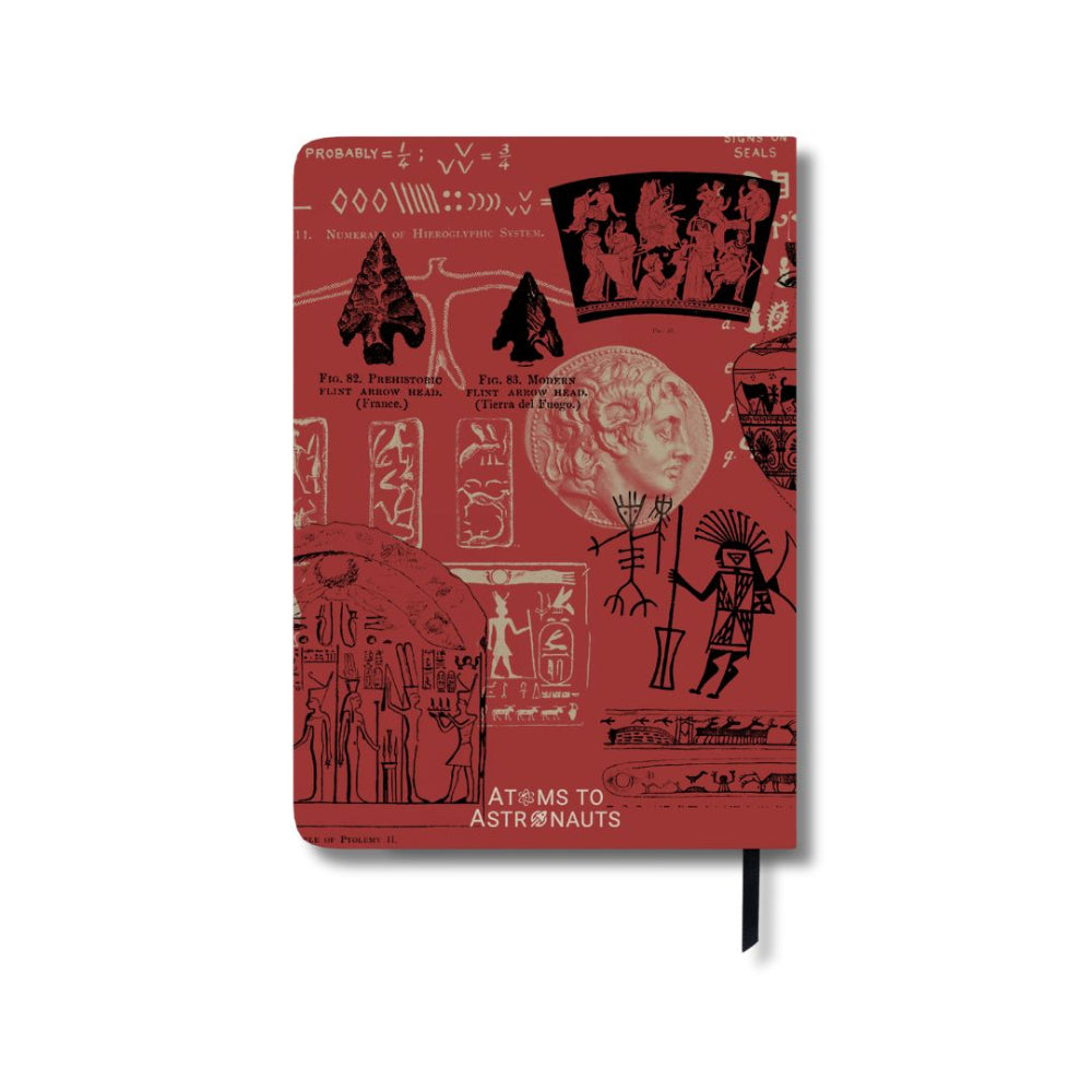 Archaeology A5 Red notebook with black and white illustrations on a white background