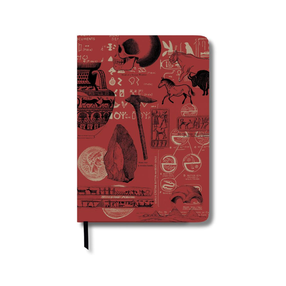 Red Archaeology notebook with ancient Egyptian hieroglyphics and symbols on a white background
