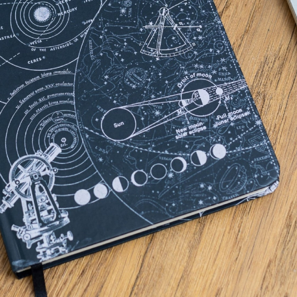 Notebook with astronomy design on a wooden surface