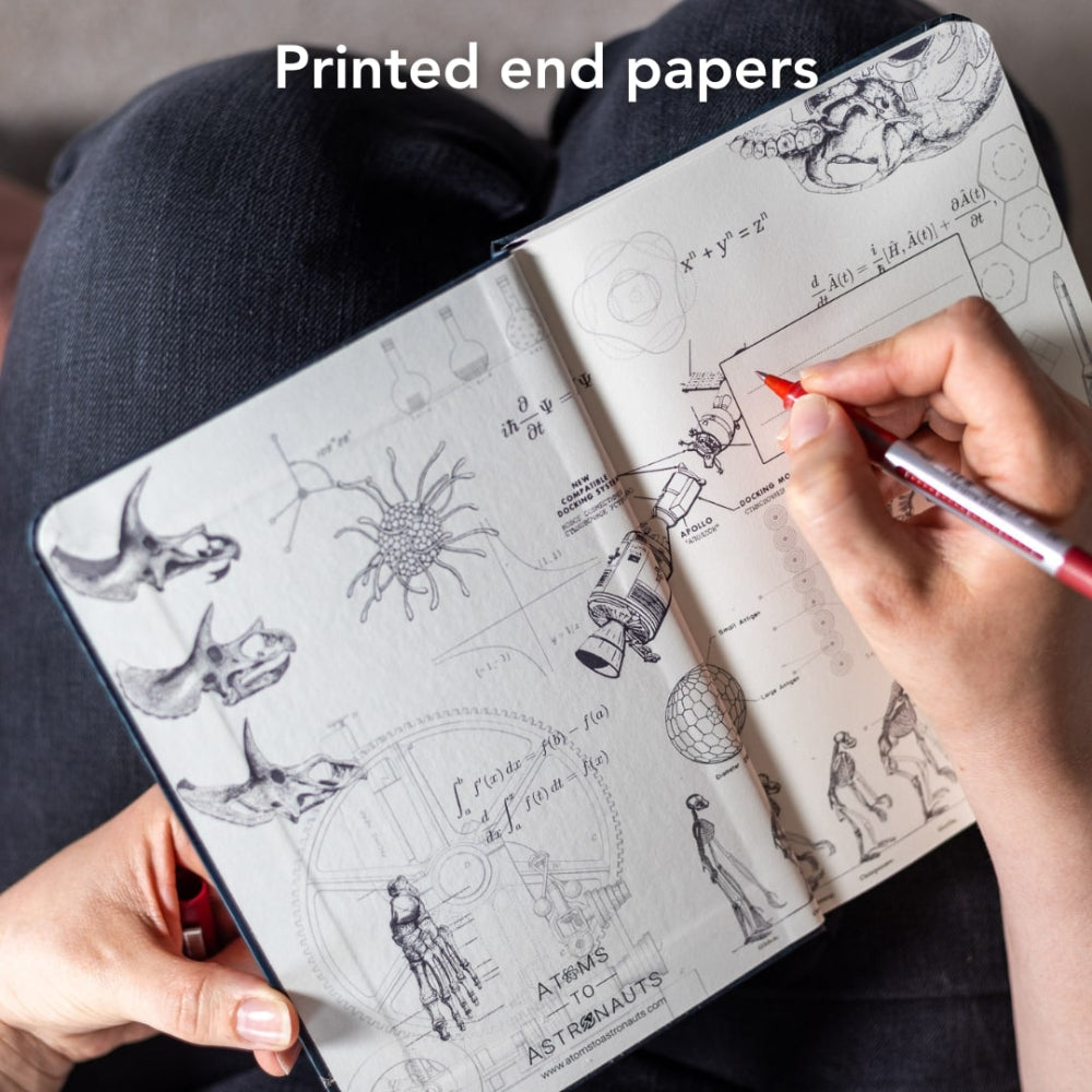 Person holding a notebook with printed end papers featuring Astronomy illustrations.