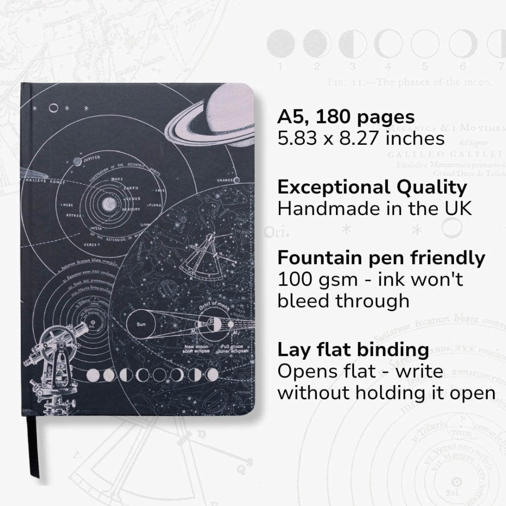 Notebook with astronomy design on cover, featuring text about its specifications.
