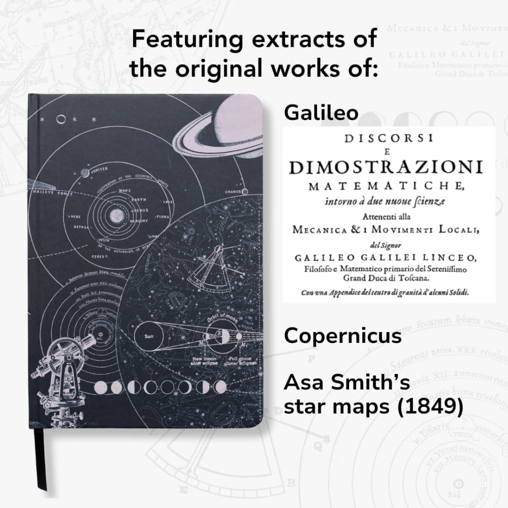 Notebook with astronomy design on cover, featuring extracts from Galileo, Copernicus, and Asa Smith's star maps.