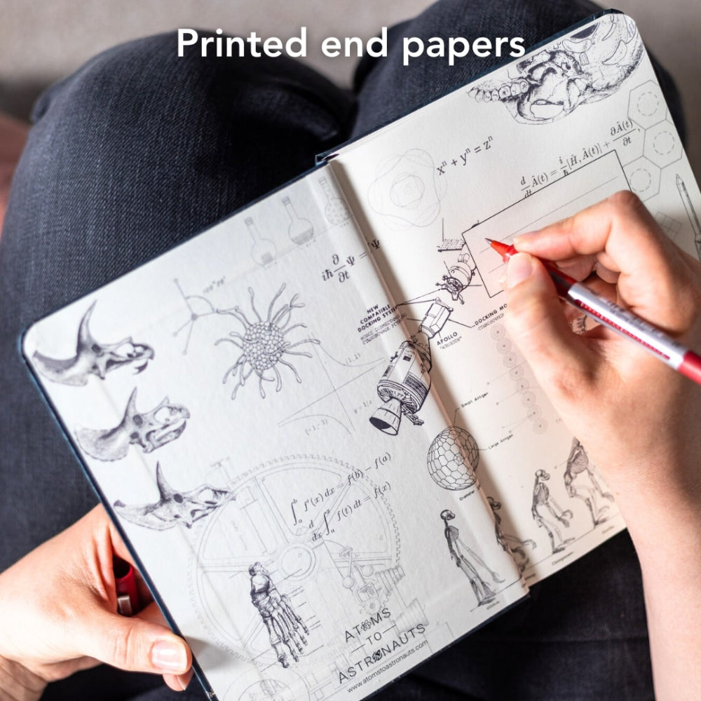 Person holding a notebook with printed end papers featuring scientific illustrations.