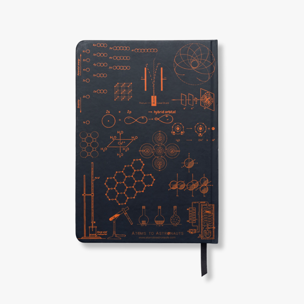 A5 Chemistry Notebook with scientific diagrams on a dark blue background