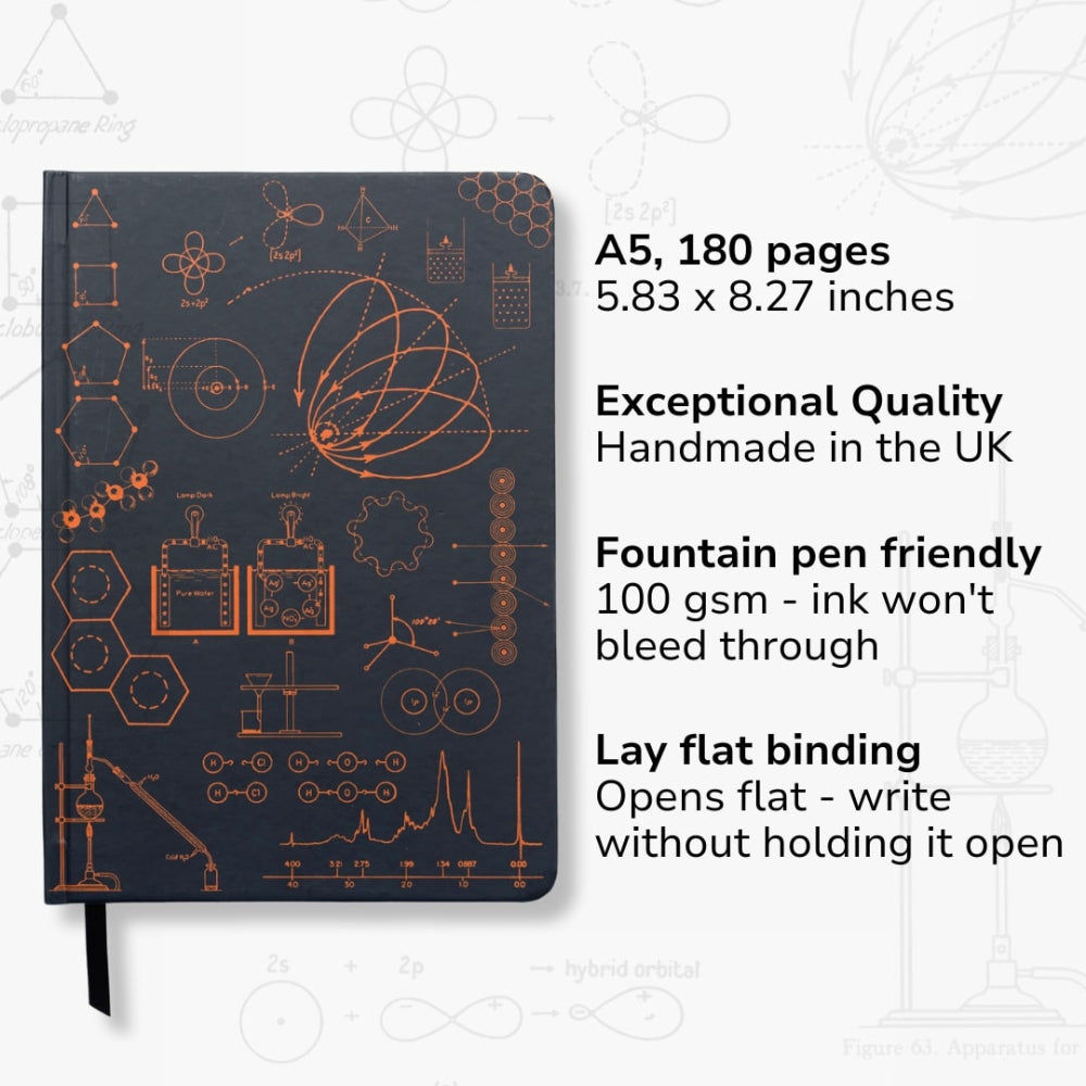 A5 Chemistry Notebook with technical drawings on a white background showcasing notebook features.