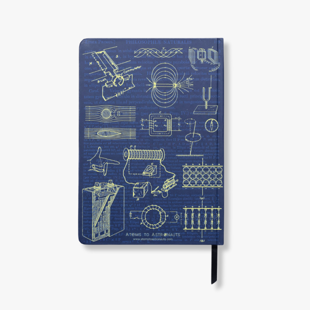 A5 Classical Physics Notebook back cover with blueprint design on a white background