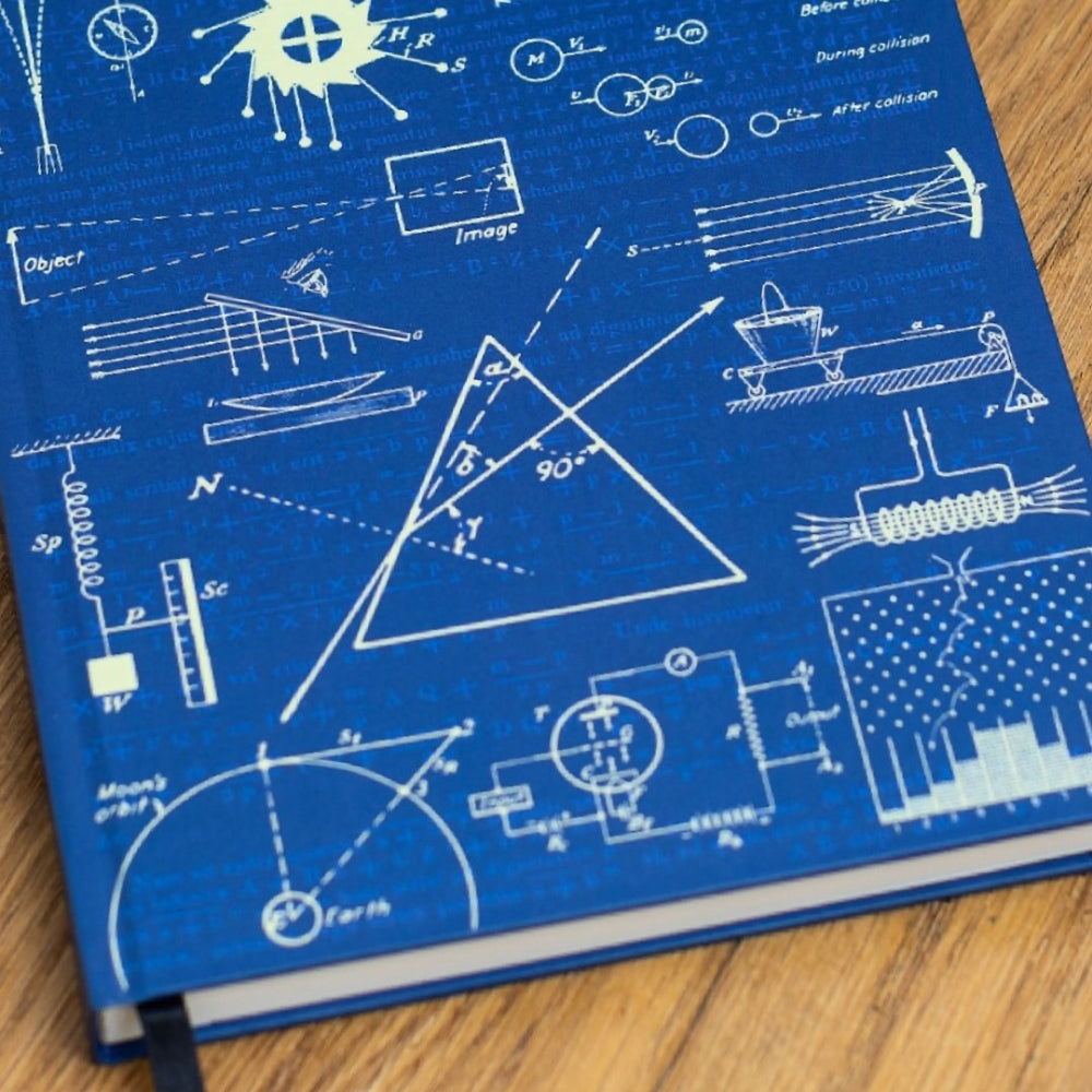 A5 Classical Physics Blue notebook with white technical drawings on a wooden surface