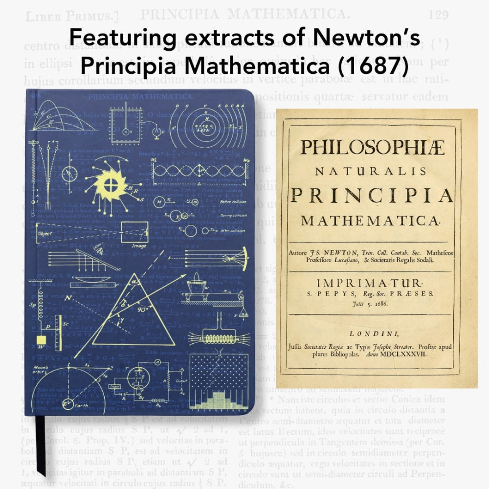 A5 Classical Physics Notebook with Newton's Principia Mathematica design and text on a white background