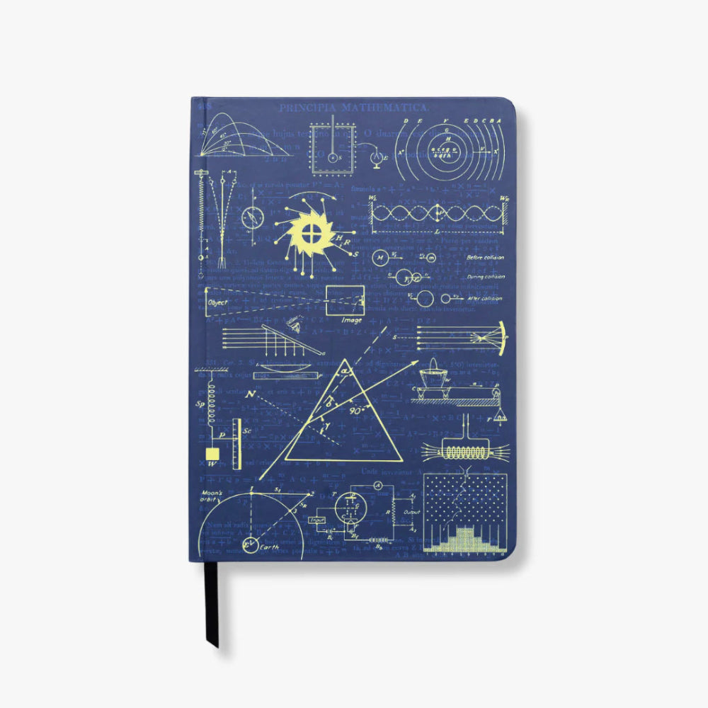 A5 Classical Physics Notebook with blue cover featuring white mathematical and scientific diagrams on a white background
