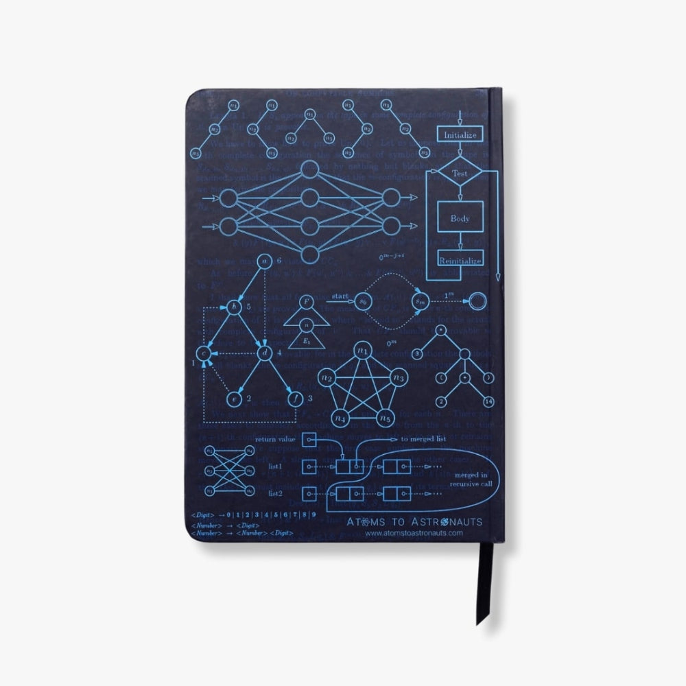 A5 Computer Science Notebook back cover with blue technical drawings on a white background