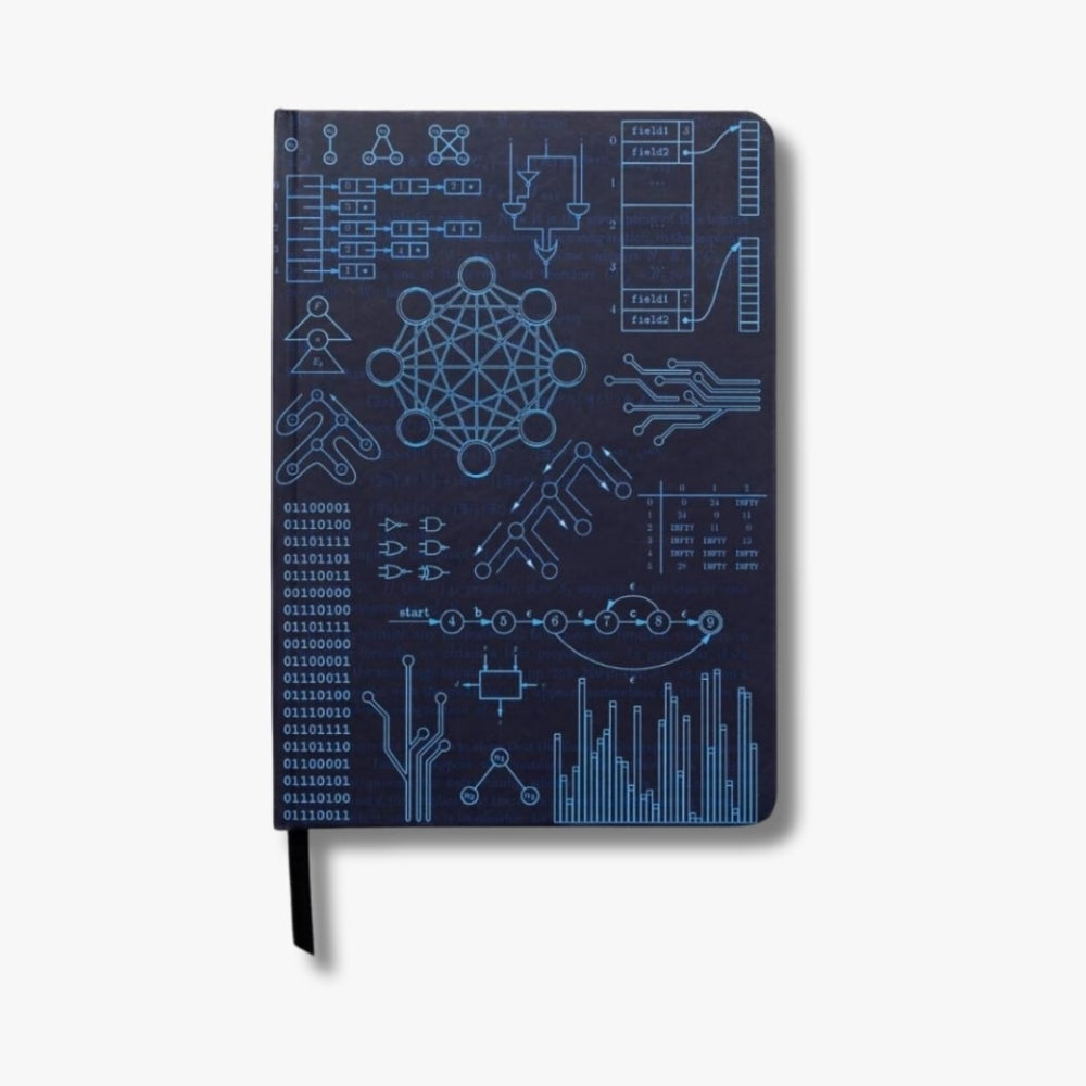 A5 Computer Science Notebook with blue technical drawings on a white background