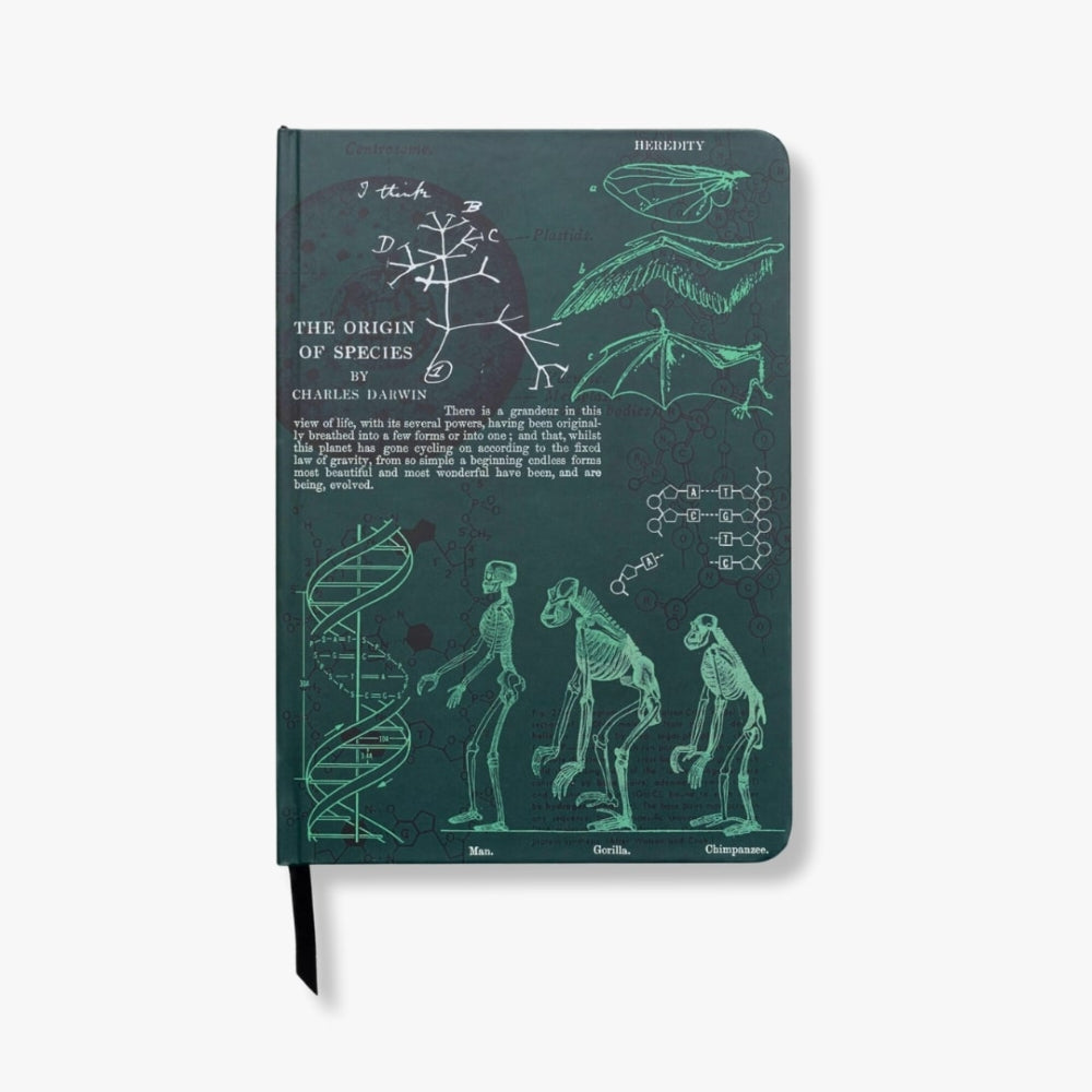 Notebook with Charles Darwin's 'The Origin of Species' design on a white background