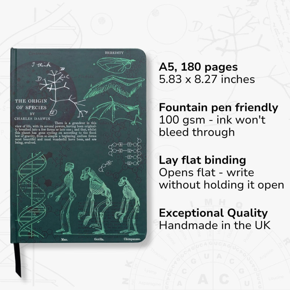 Green notebook with scientific illustrations on a white background test with notebook features
