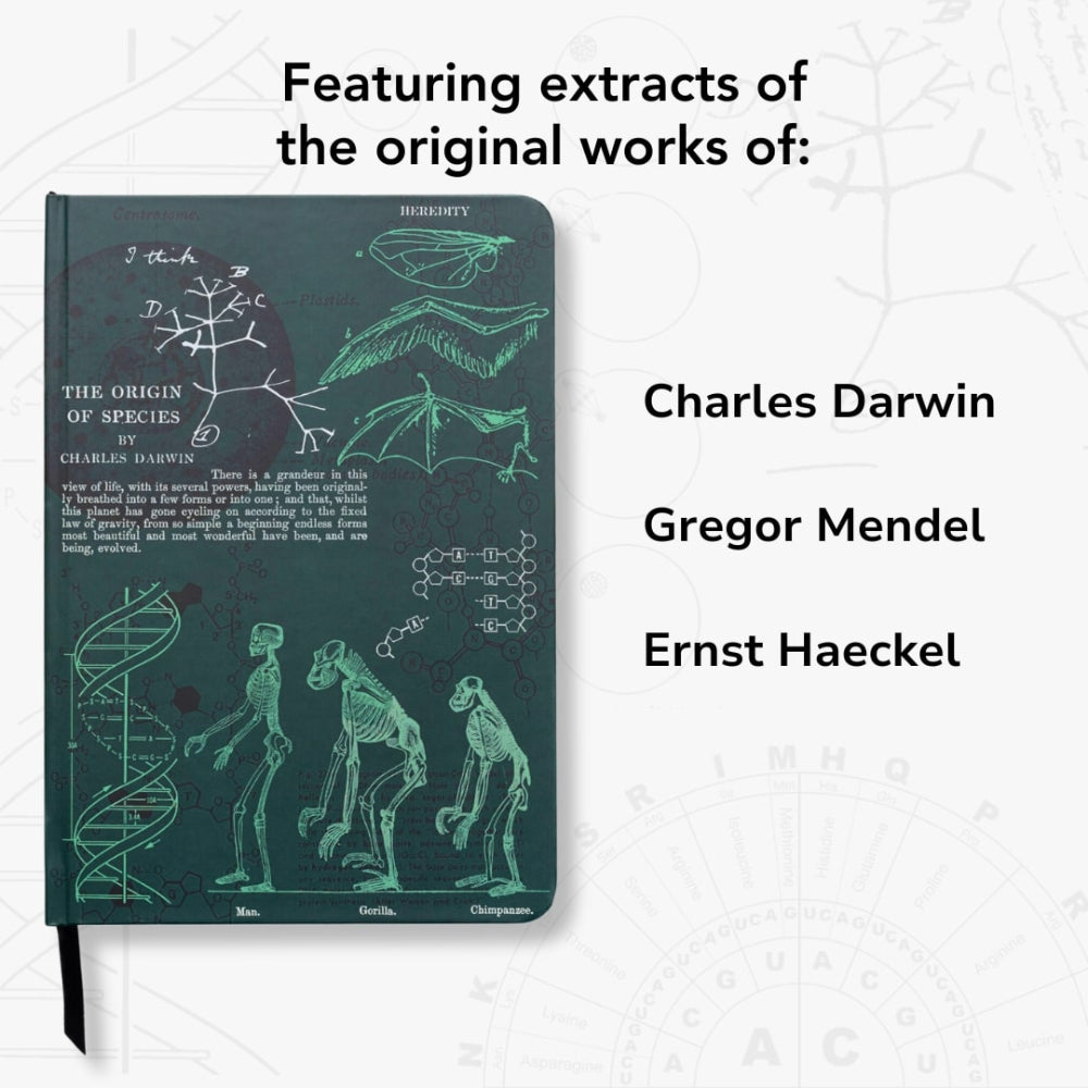 Notebook with scientific illustrations by Charles Darwin and Gregor Mendel and others on a white background