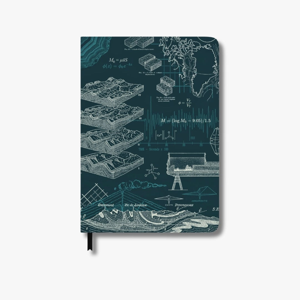 Geology Notebook with technical drawings on a dark blue background