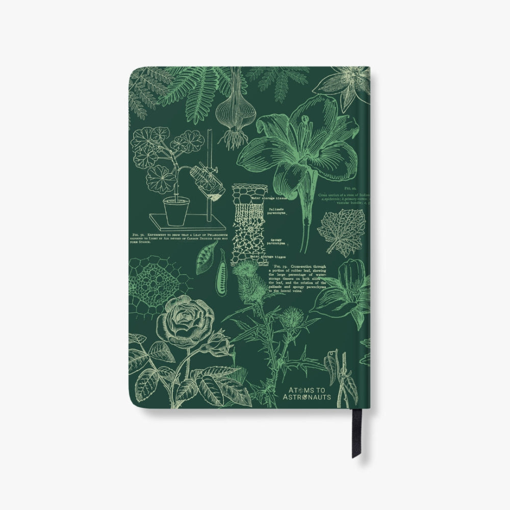 Green A5 notebook with botanical illustrations on a white background