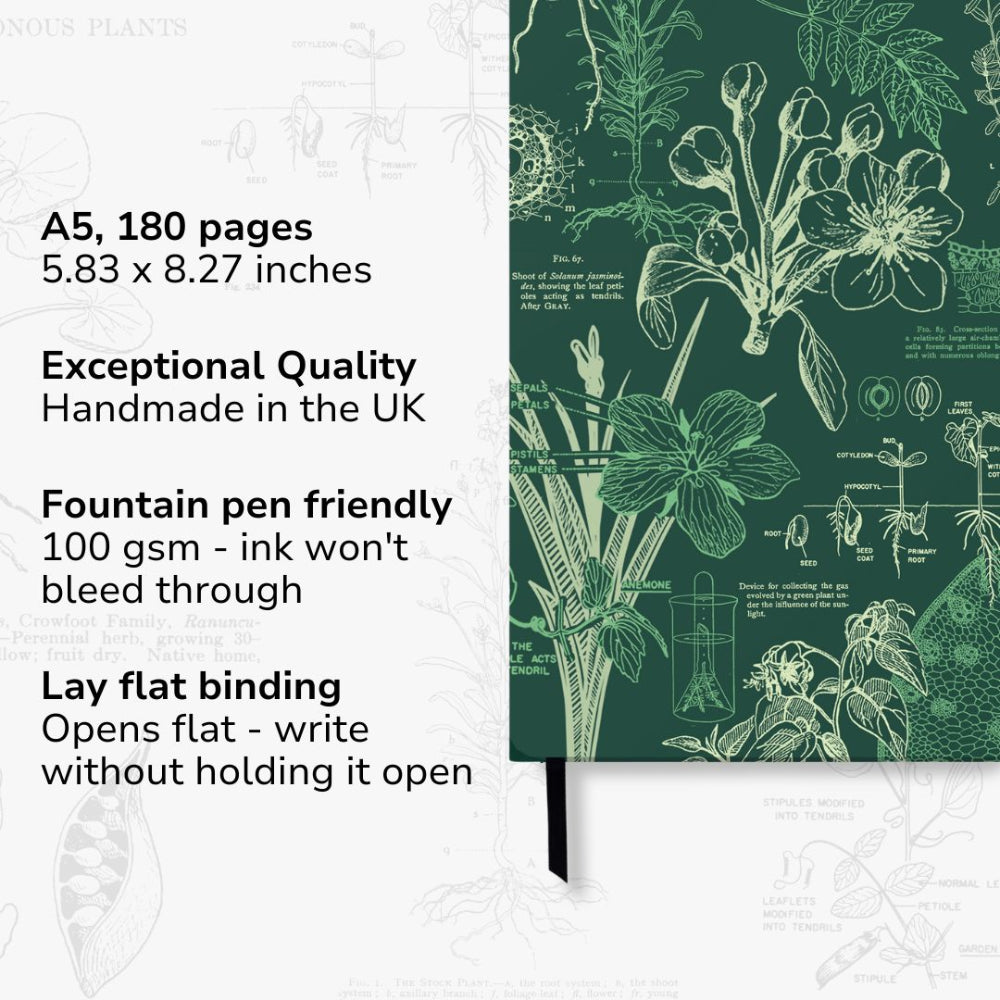 Notebook with botanical design on a green background, featuring text about its specifications.