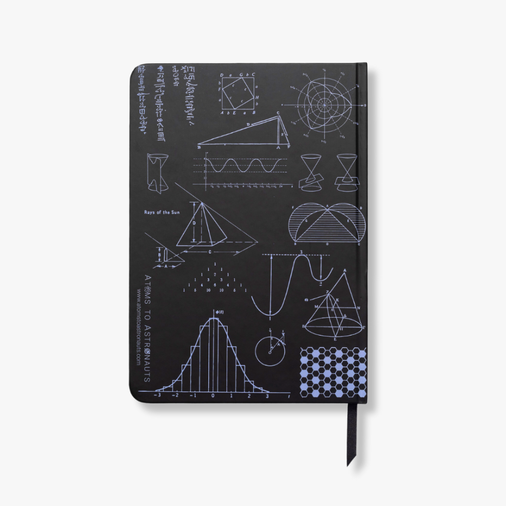A5 Maths Black notebook with geometric illustrations on a white background